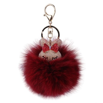 Gambar equipn Cute Rabbit Head with Artificial Fox Fur Ball PompomsKeychain Bag Charm (Wine Red)   intl