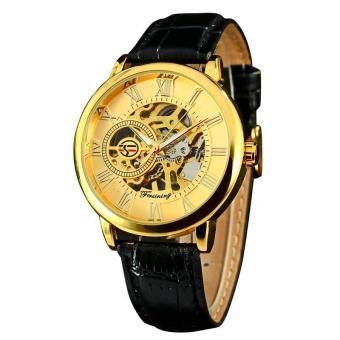 Forsining 3d Design Hollow Engraving Black Gold Case Leather Skeleton Mechanical Watches Men Luxury Brand Heren Horloge(Gold) - intl  