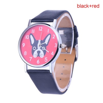 Frenchie French Bull Dog Mens Womens PU Leather Quartz Wrist Watch Black Red - intl  