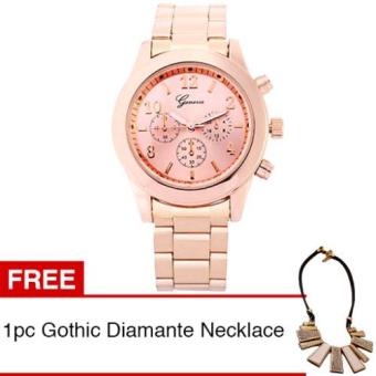 Gambar Geneva Jam Tangan Wanita Stainless Steel Quartz Watch   Rose Gold + Gratis 1pc Gothic Diamante Women Necklace
