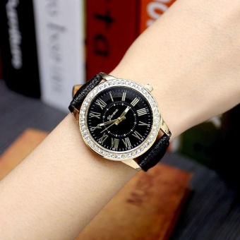 Geneva Women's Leather Band Roman Rhinestone Quartz Wrist Watch Watches BK - intl  