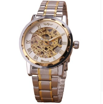Golden Men Skeleton Mechanical Watch Stainess Steel Steel Hand Wind Watches Transparent Steampunk Montre Homme Wristwatch (Intl)  