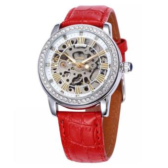 goplm New Women Crystal Mechanial Watches Waterproof Shenhua Top Brand Luxury Rose Gold Automatic Mechanical Skeleton Watches Women (Red)  