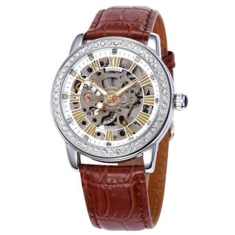 goplm New Women Crystal Mechanial Watches Waterproof Shenhua Top Brand Luxury Rose Gold Automatic Mechanical Skeleton Watches Women (White)  