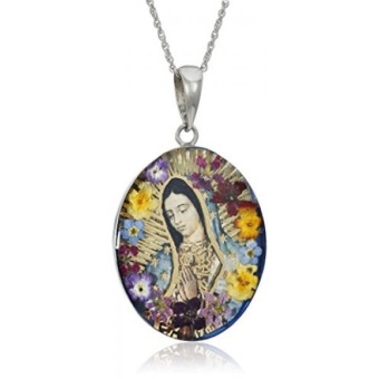 Gambar GPL  Sterling Silver Virgin Mary of Guadalupe Pressed Flower Pendant Necklace, 18\