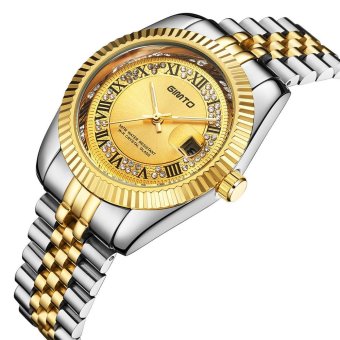 GussPex Men's Stainless Steel Watch, Fashion Business Diamond Roman Digital Calendar Watches, Gold Quartz Watch (Silver Gold) - intl  