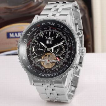 JARAGAR Luxury nonton laki-laki hari/bulan Tourbillon arloji mekanis Stell jam tangan pria jam tangan (Silver hitam) - International  