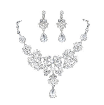 Gambar Leegoal Waterdrop Leaves Style Crystal Bridal Jewelry Set Necklace Earrings,Silver