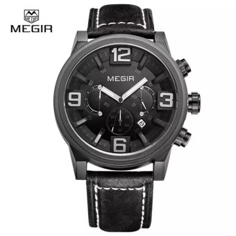 MEGIR Jam Tangan Pria Chronograph Leather Military Sports Quartz Wristwatch ML 3010 G /BK-1 - Black  