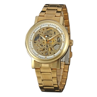 Men Hollow Manual Mechanical Wrist Watch with Stainless Steel Band (White+Golden)  