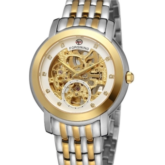 Men Hollow Style Mechanical Wrist Watch with PU Band (Golden+White)  