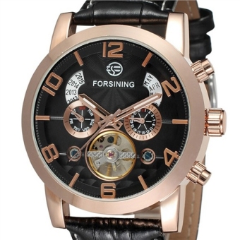 Men Tourbillon Automatic Mechanical Wrist Watch with PU Band I(Rose Gold/Black)  