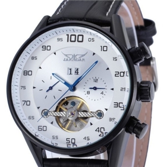 Men Tourbillon Automatic Mechanical Wrist Watch with PU Band (White/Black)  