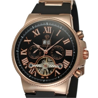 Men Tourbillon Automatic Mechanical Wrist Watch with Rubber Band (Black/Rose Gold)  