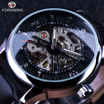 Men Watch Automatic Mechanical Leather Strap Black Silver Case Watch Clock  