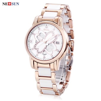 MiniCar NESUN LS9067 Women Quartz Watch Artificial Diamond Flower Lace Pattern Dial 10ATM Date Display Wristwatch Golden(Color:Golden) - intl  