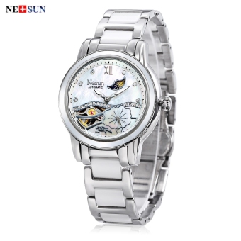 MiniCar NESUN LS9071 Women Auto Mechanical Watch Artificial Diamond Lotus Pattern Dial Moon Phase Display Wristwatch Silver(Color:Silver) - intl  