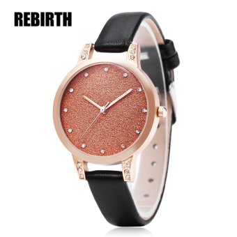 MiniCar REBIRTH RE018 Female Quartz Watch Artificial Diamond Shiny Dial Leather Band Wristwatch Black and golden(Color:Black and golden) - intl  