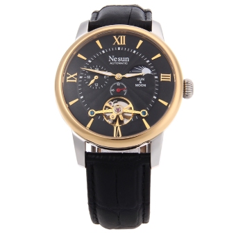Nesun 9031 Male Automatic Mechanical Watch Tourbillon Genuine Leather Band 30M Water Resistance Wristwatch (Gold)  
