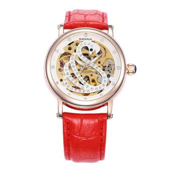 ooplm 2016 Casual Dress Watches Women Red Crystal Skeleton Dial Auto Mechanical Wristwatch Gift Xmas Gift Free Ship (Red)  
