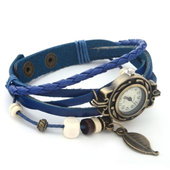 Pop Fashion Pretty Leather Bracelet Leaf Decoration Alloy Quartz Wrist Watch Blue  