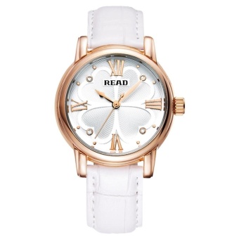 READ Roman Number Scale Four Leaf Clover Dial Design Quartz Women Watch With Genuine Leather Band(White) - intl  