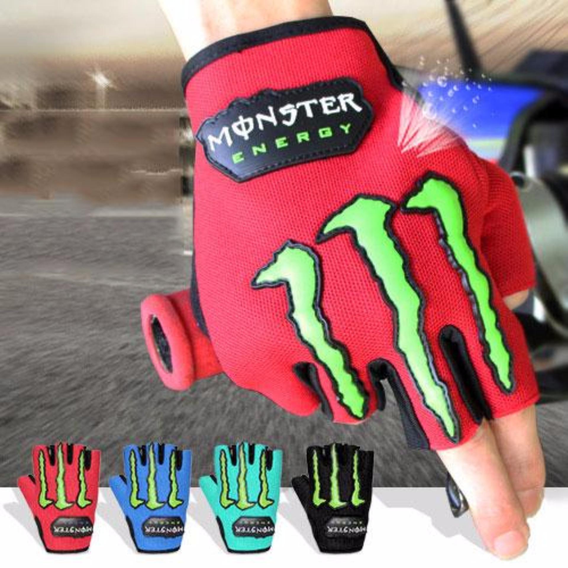Sarung Tangan Monster Energy Motor Setengah Jari Merah / SarungTangan Biker Merah .
