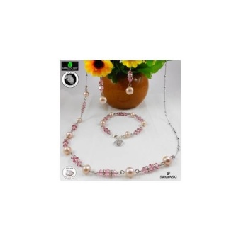 Gambar Set Perhiasan Mutiara Air Tawar Asli Kristal Swarovski Firefly Pink