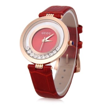 SH GUOU 8039 Female Quartz Watch Water Resistance Rolling Artificial Diamond Genuine Leather Band Wristwatch Red - intl  