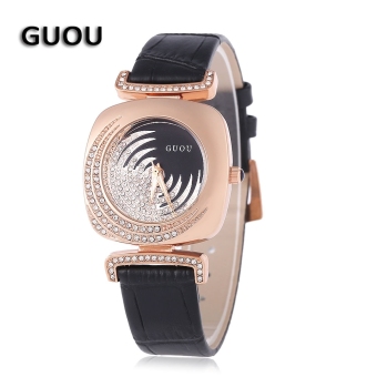 SH GUOU 8111 Female Quartz Watch 3ATM Unique Square Artificial Diamond Dial Genuine Leather Band Wristwatch Black - intl  