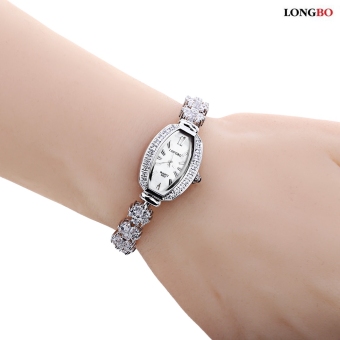 SH LONGBO 6053 Women Quartz Watch Artificial Crystal Diamond Oval Dial Petal Strap Water Resistance Wristwatch Silver - intl  