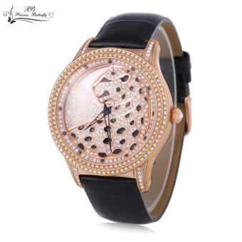 SH PRINCESS BUTTERFLY HL586 Women Quartz Watch Water Resistance Crystal Artificial Rhinestone Leopard Dial Wristwatch Black - intl  