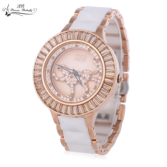 SH PRINCESS BUTTERFLY HL593 Women Quartz Watch Revolving Artificial Rhinestone Leopard Dial Ceramic Strap Wristwatch Gold - intl  