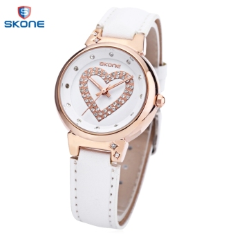 SH SKONE 9322 Female Quartz Watch Artificial Diamond Heart Pattern Dial Leather Band Wristwatch White - intl  