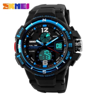 SKMEI 1148 Digital Men Outdoor Sports PU Strap Watches Waterproof Dual Display Wristwatches - Blue - intl  