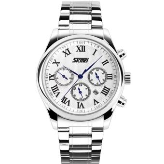 SKMEI Jam Tangan Pria Fashionable 3-Dial 6-Pointer Analog 30M Water Resistant Business Stainless Steel 9078 - Silver White  