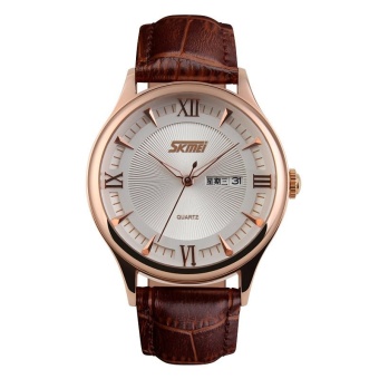 Skmei New Fashion Men's Brown Leather Strap Wrist Watch - Gold 9091  