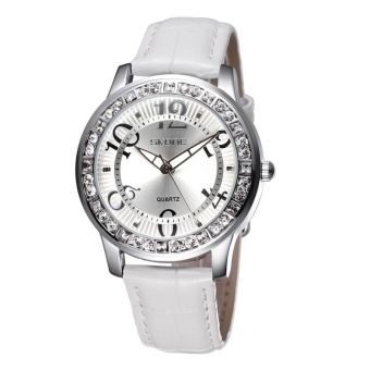 SKONE 2535 Women Fashion Rhinestone Case Quartz Movement PU Leather Wrist Watch(White) - intl  
