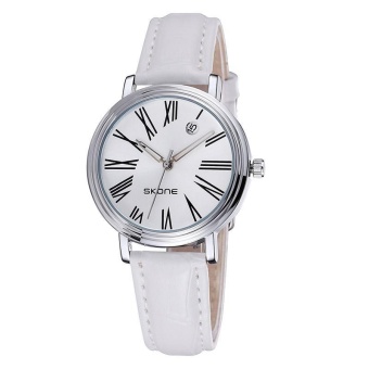 SKONE Hollow Hands Roman Number Scale Calendar Display Fashion Women Quartz Watch With Leather Band(White) - intl  