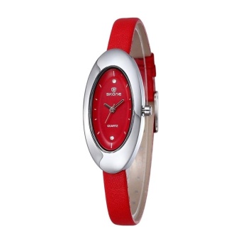 SKONE Oval Shape Dial Rhinestones Fashion Women Quartz Watch With PU Leather Band(Red) - intl  
