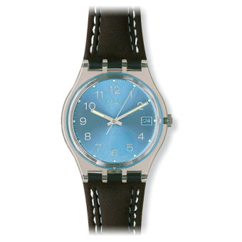 Swatch Blue Choco Blue Dial Clear Plastic Black Leather Quartz Men's Watch GM415 - Intl  