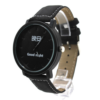 Gambar Vanker Men Women Couple Lovers PU Leather Strap Big Dial Goodmorning night Wrist Watch (Good night   Black Dial)