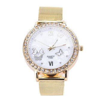 Vogue Women Stainless Steel Gold Rhinestone Crystal Mesh Band Quartz Wrist Watch - intl  