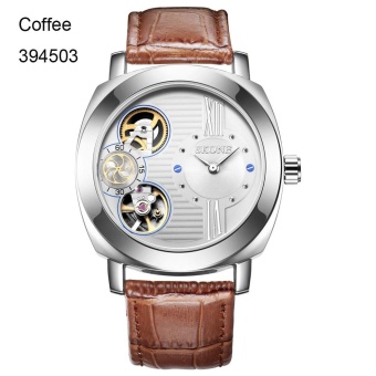 Wholesale SKONE 3945 Automatic Watches Men Mechanical Quartz Dual Movt New Brand Genuine Leather FCasual Sport Skeleton Watch relogio masculino - intl  