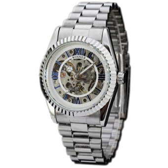 WINNER Luxury Skeleton Automatic Mechanical Silver Stainless Steel Mens Watch WW085  