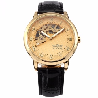 WINNER Skeleton Hollow Men's Hand-winding Mechanical Golden Dial Leather Wrist Watch PMW067 - Jam Tangan Pria Kulit - intl  