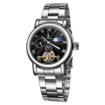 Womdee IK Womens Moon Phase 24 Hours Automatic Mechanical Watches Ladies Gold Skeleton Full Steel Silver Business Watch Clock relojes (silver black)  