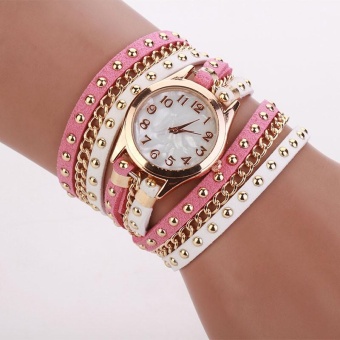 Women Crystal Rivet Bracelet Braided Winding Wrap Quartz WristWatch -White+Pink - intl  