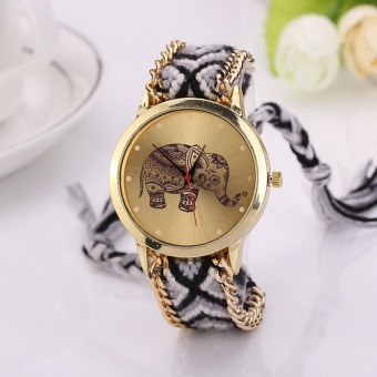 Women Elephant Pattern Weaved Rope Band Bracelet Quartz Dial Wrist Watch -Black - intl  